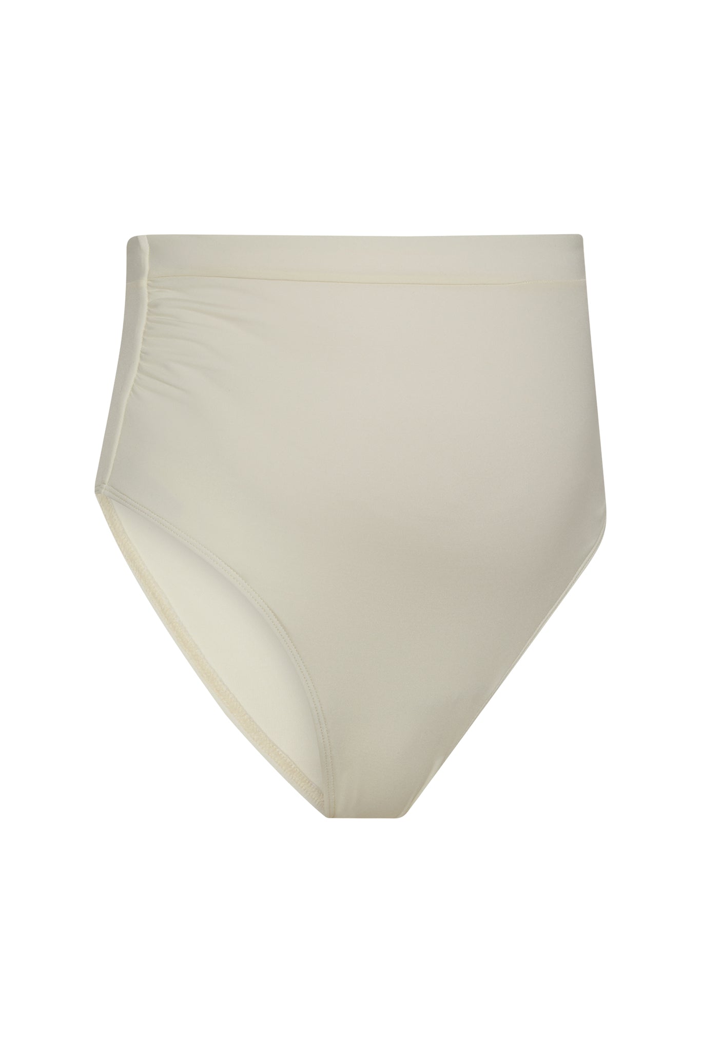 High-waisted ivory bikini bottom with subtle side ruching and smooth front panel.