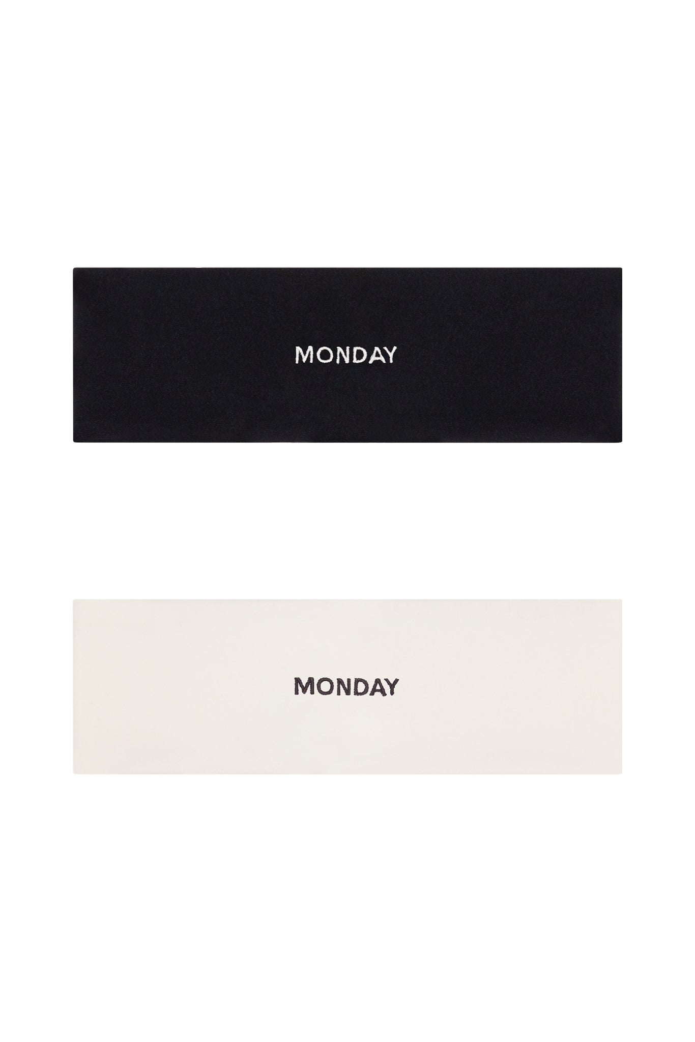 Two rectangular bands (black and white), each centered with embroidered text "MONDAY".