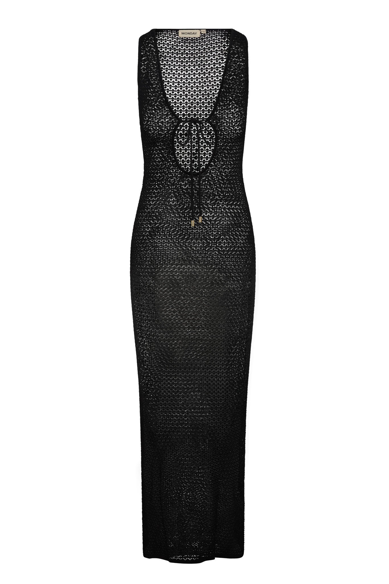 Black crocheted sleeveless maxi dress with deep scoop neckline and front tie; label reads MONDAY