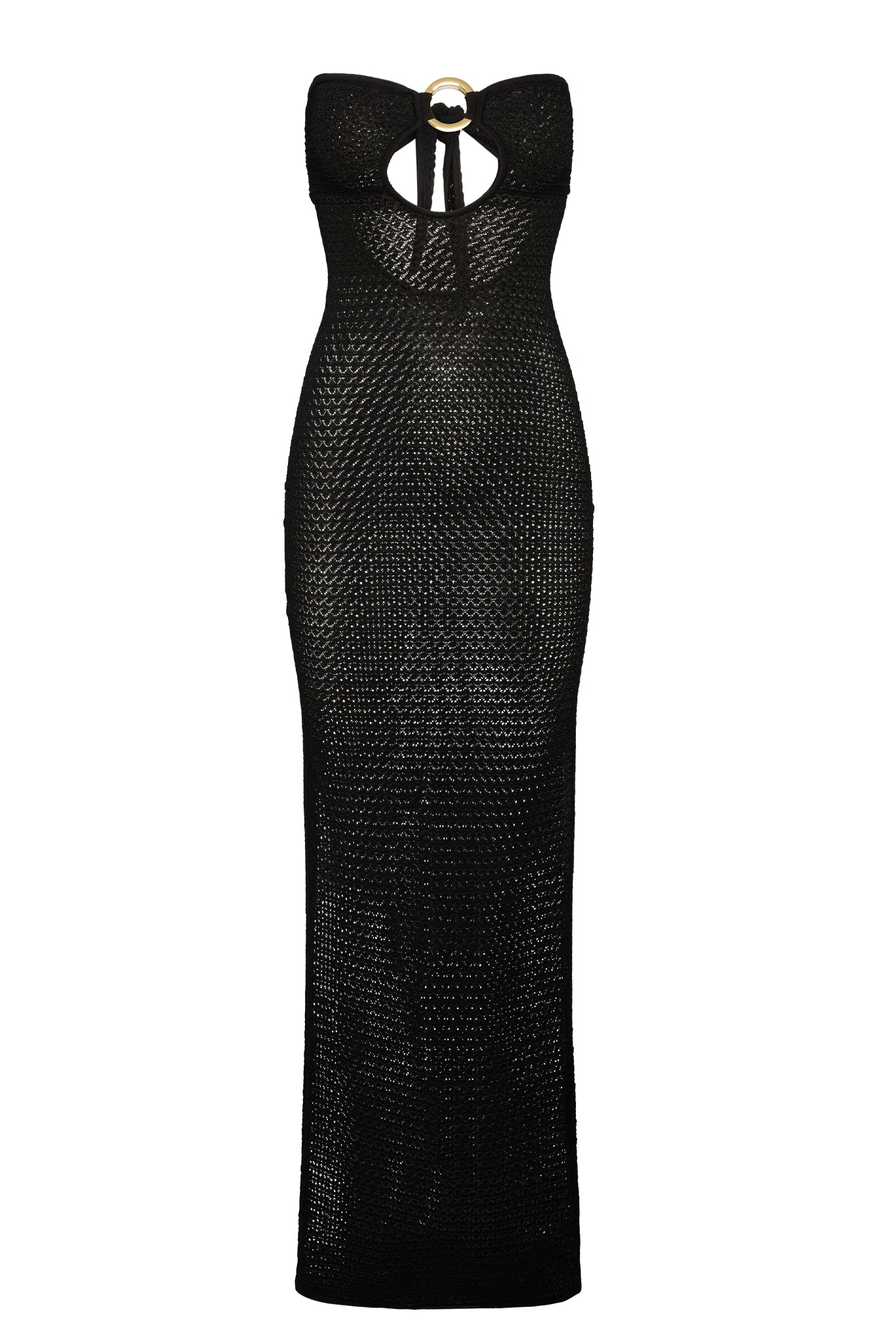 Black crochet strapless maxi dress with halter-style gold ring at neckline