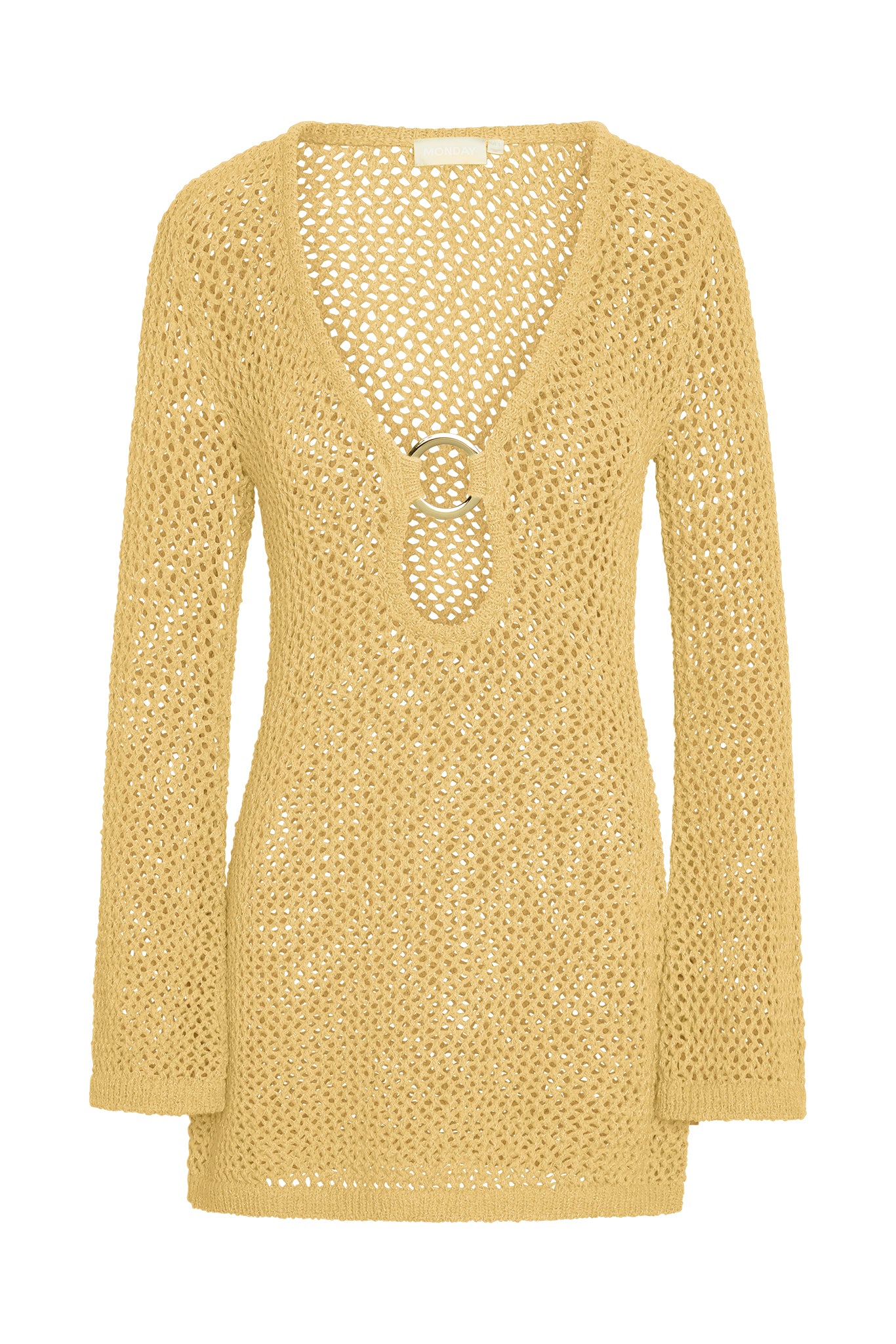 Yellow open-knit long-sleeve sweater dress with deep V-neck and decorative metal ring, tag reads MONDAY