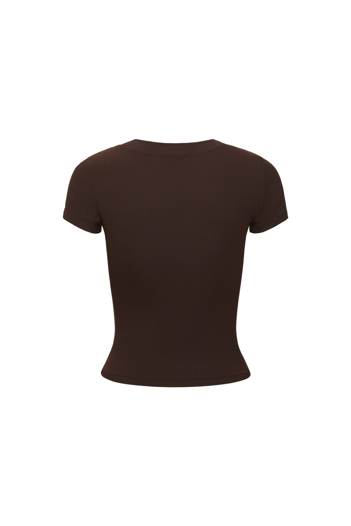 Back view of Ojai Tee Long in Espresso Light Weight Rib showcasing crew neck and short sleeves with a white background