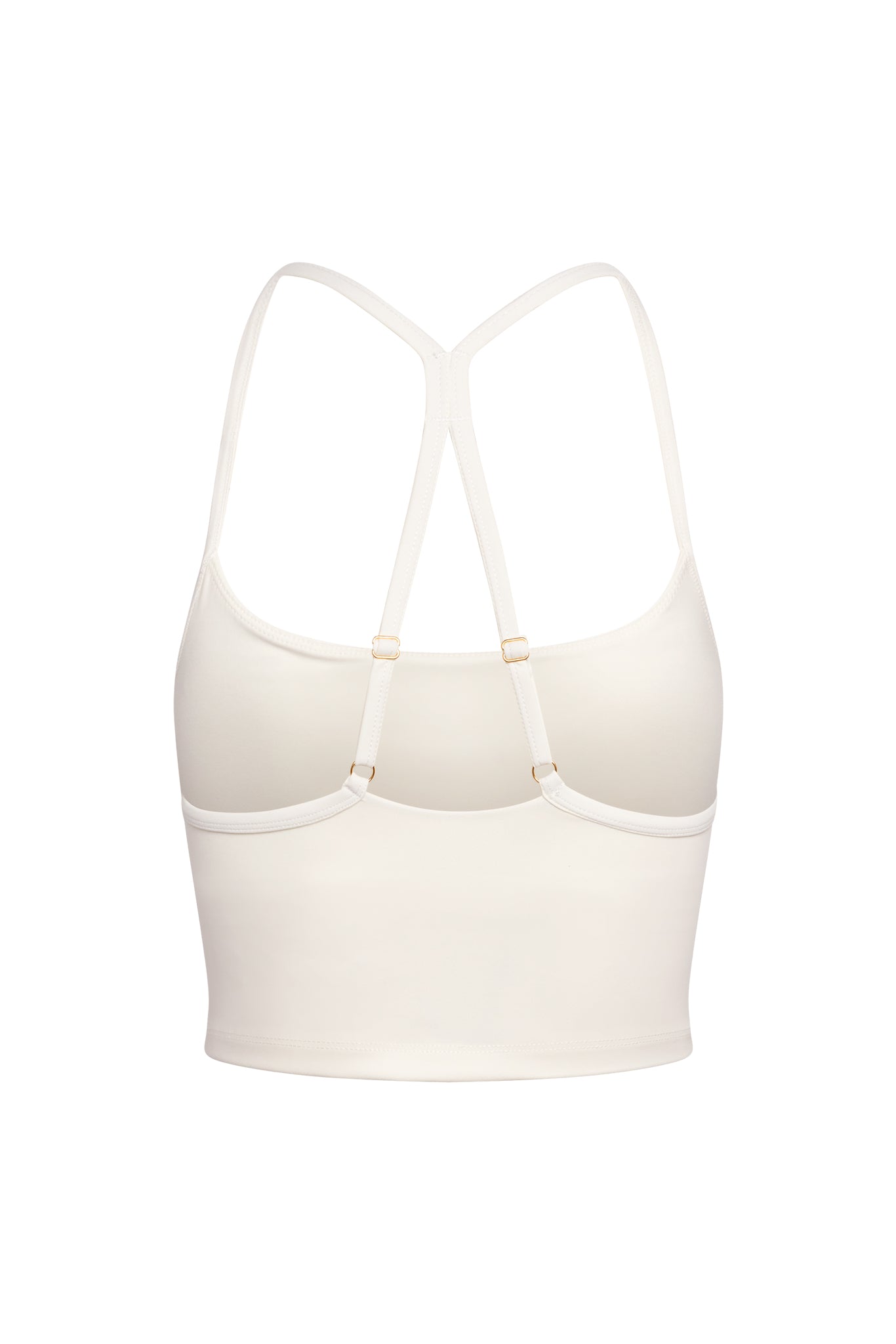 Cream longline bralette back view showing racerback straps and adjustable gold-tone sliders.