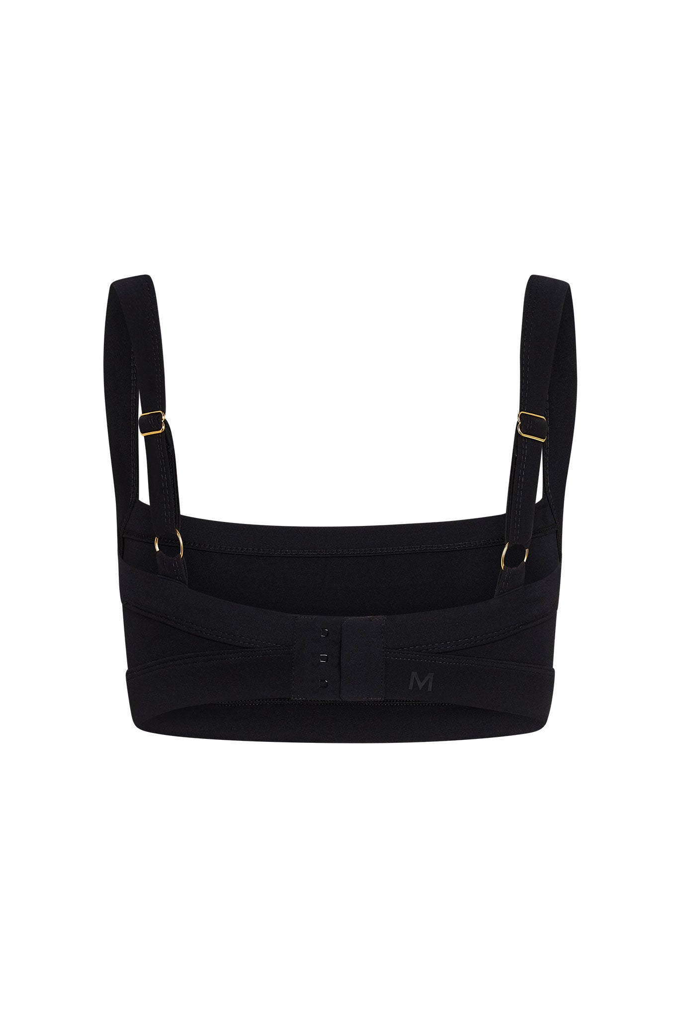 Black supportive bra back with adjustable straps, gold hardware, three-row hook-and-eye closure, M logo.