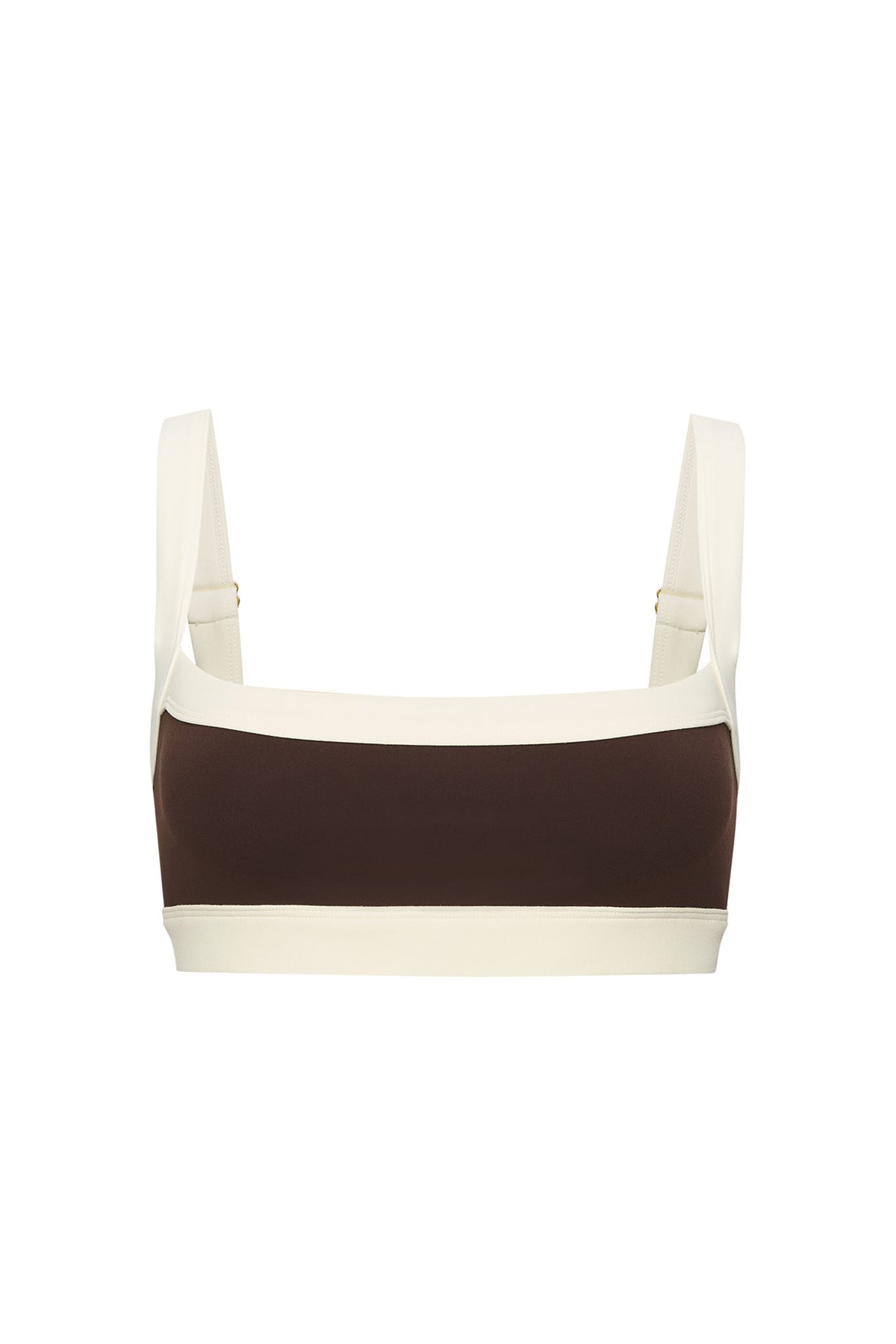 Front view of Outpost Bra in Espresso/Ivory showcasing its straight neck and adjustable shoulder straps on a white background