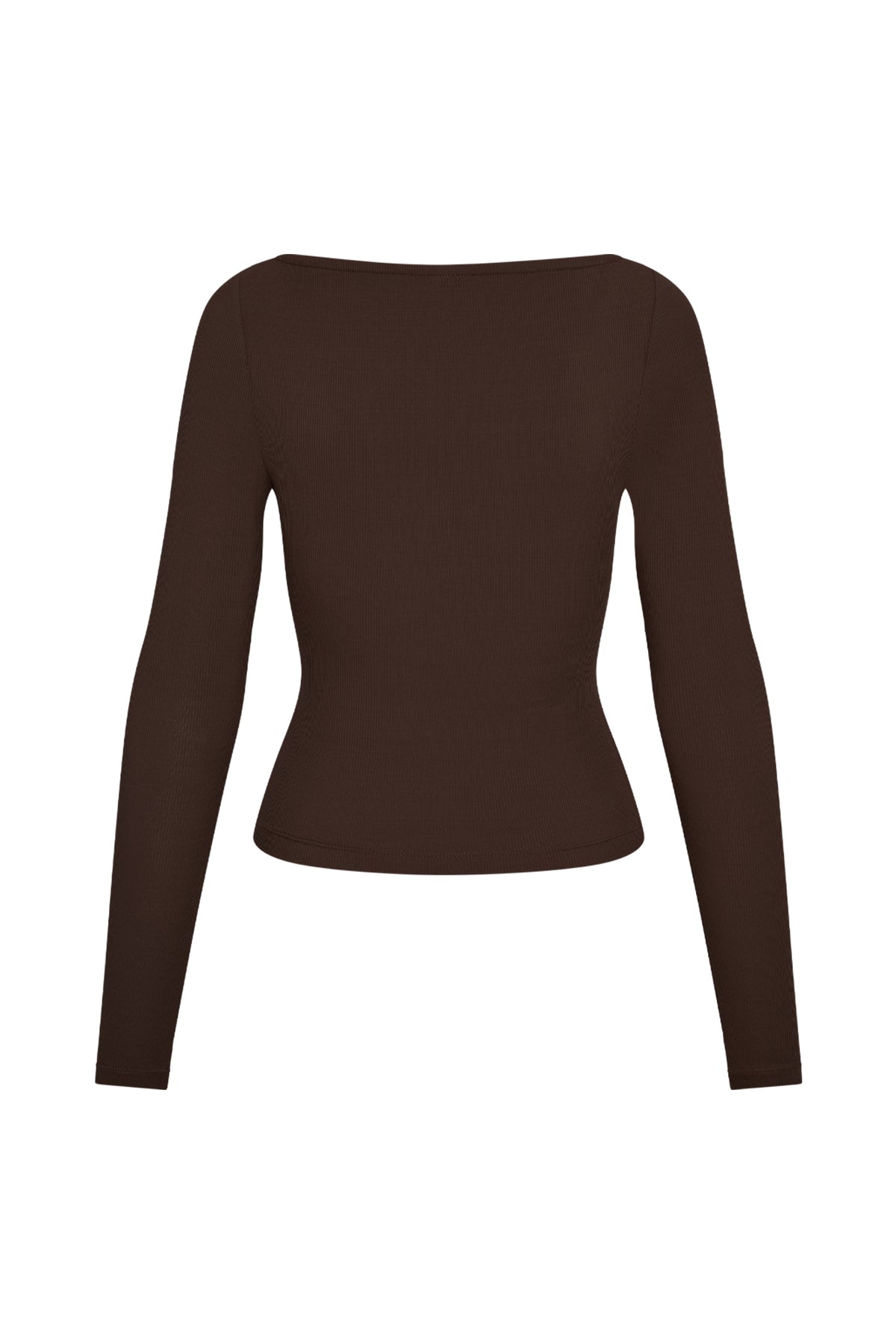 Back view of Paddington Long Sleeve Top in Espresso Light Weight Rib with cropped crew neckline and long sleeves on white background