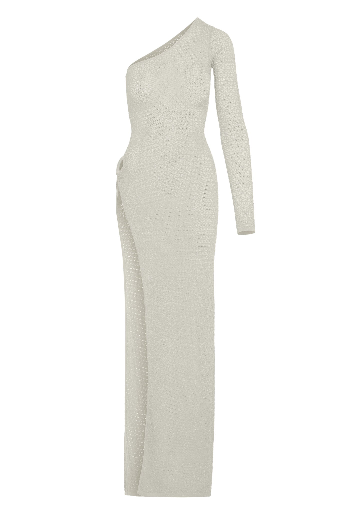 Cream one-shoulder knit maxi dress with single long sleeve, high side slit and decorative ring at hip