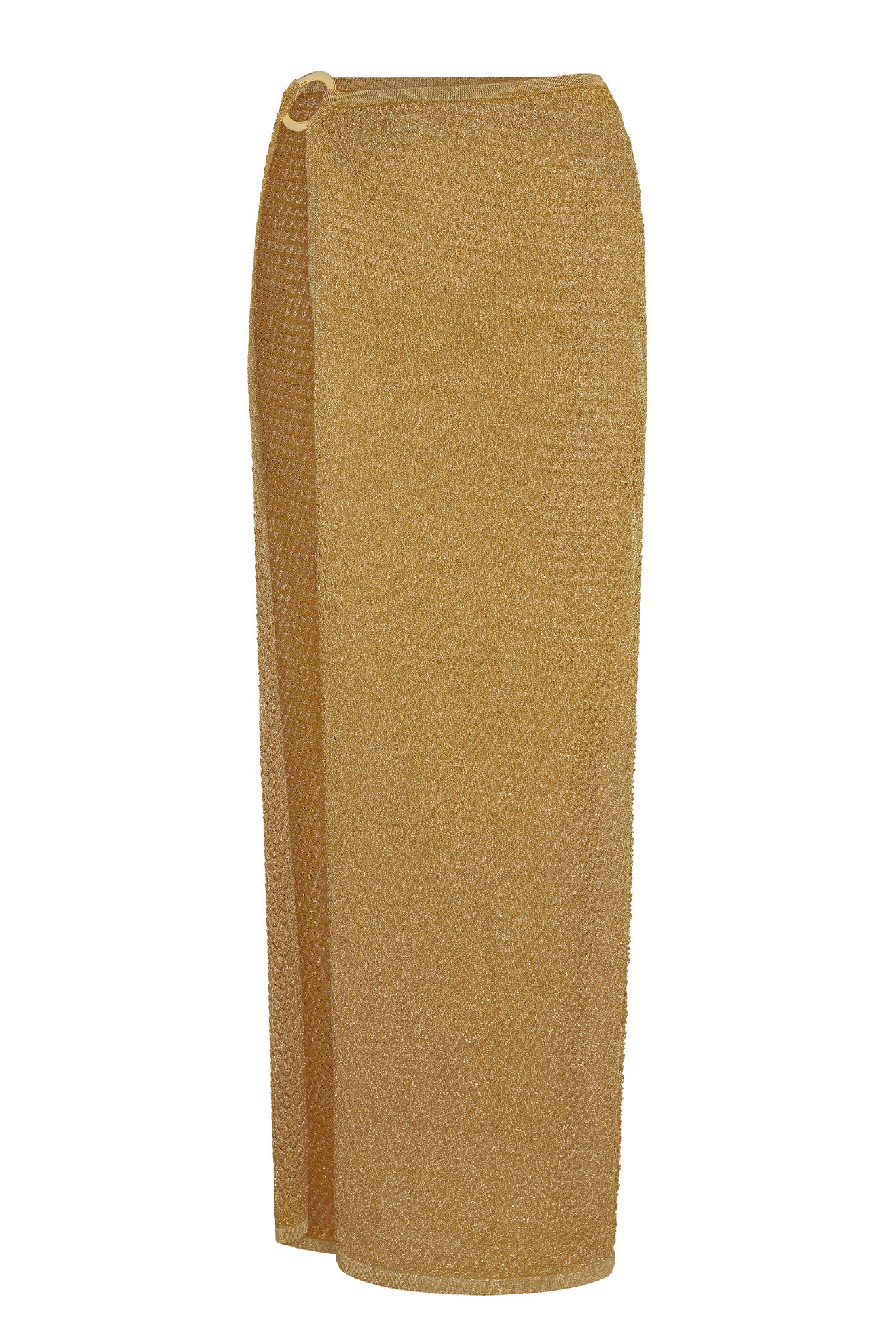 Gold metallic knit maxi skirt, high waist with small decorative ring, straight silhouette with side slit.
