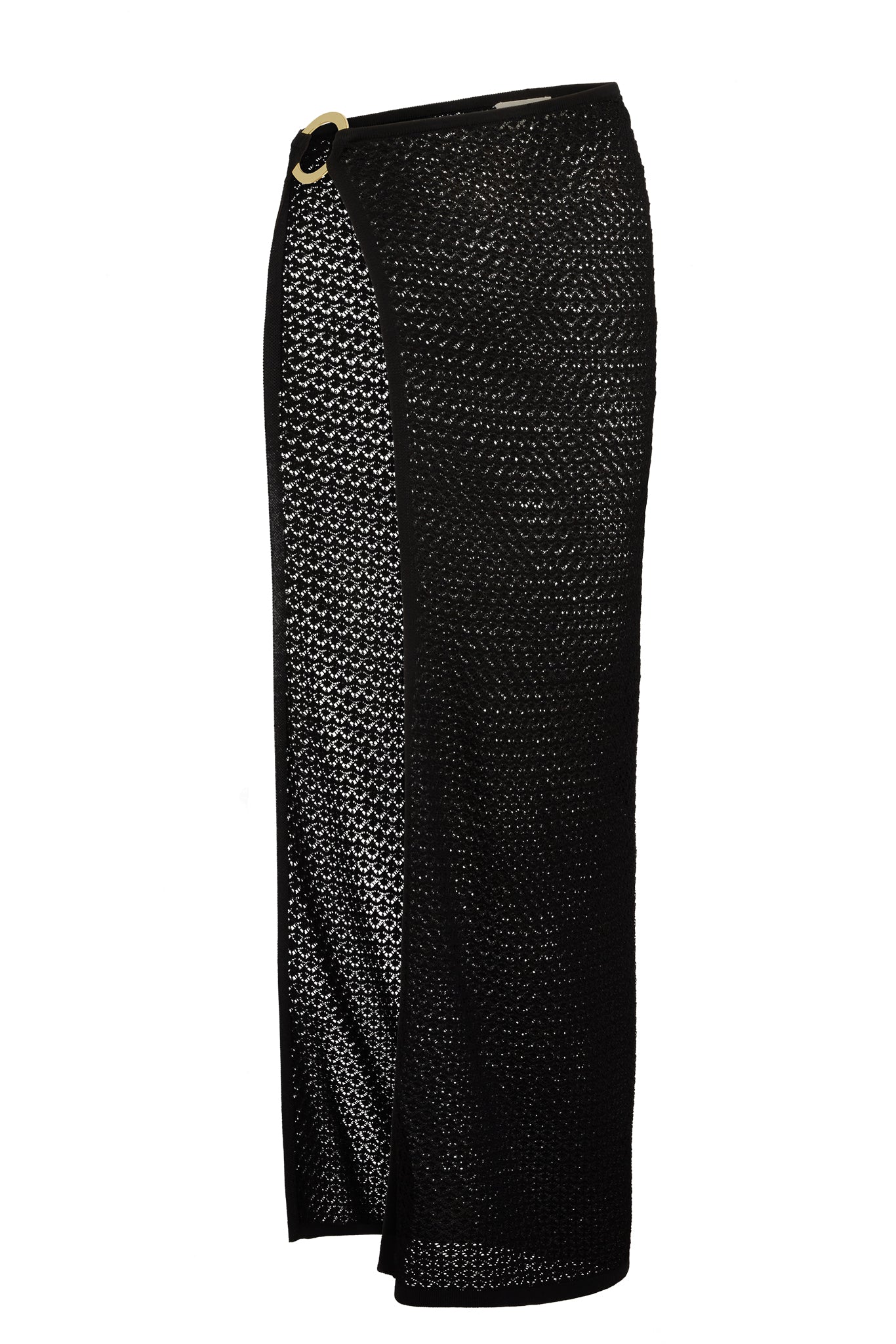 Black open-knit maxi skirt with side slit and gold ring waist detail