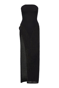 Front view of Palermo strapless dress showcasing black lace crochet texture and side slit on a white background