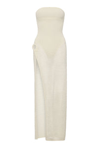 Front view of the Palermo strapless dress in ivory lace crochet showcasing a side slit with a white background