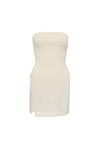 Front view of Palermo strapless mini dress showcasing ivory lace crochet with a white background