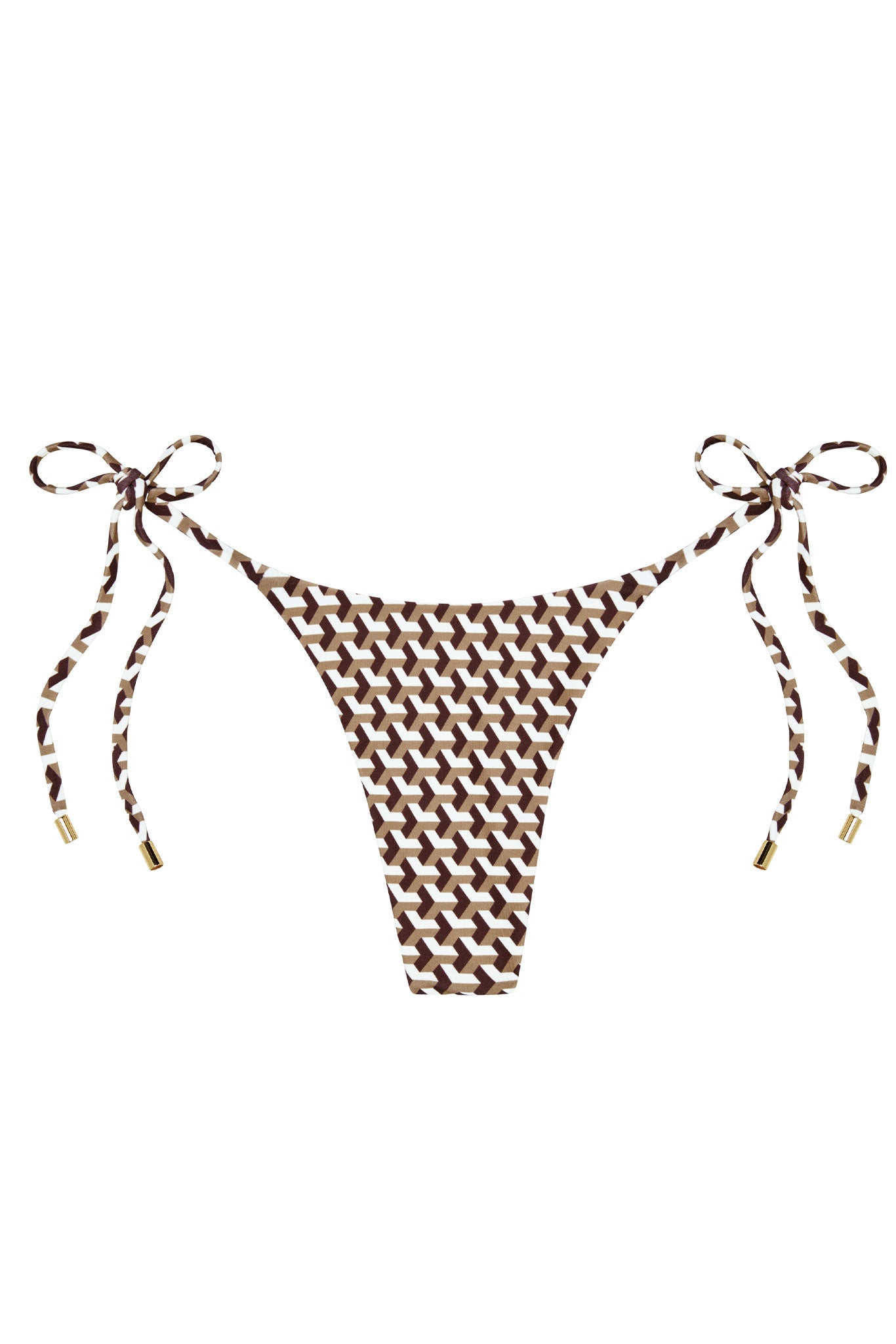 Brown and cream geometric-print tie-side bikini bottom with gold-tipped side strings