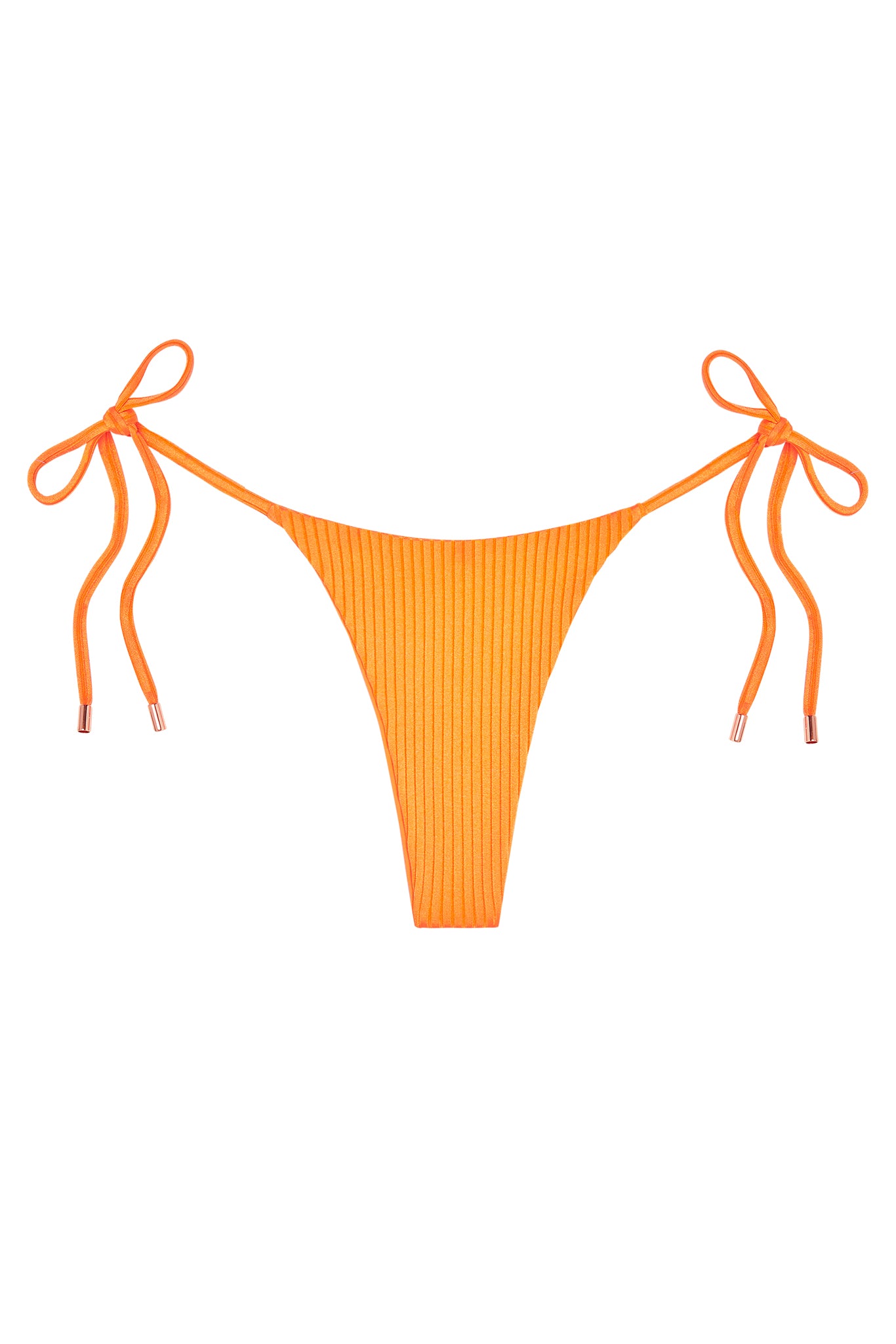 Ribbed bright orange tie-side bikini bottom with metal-tipped strings on a white background