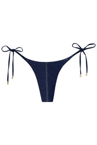 Front view of Palma Bottom tie-side bikini in blue denim with center seam and adjustable side ties with gold aglets on white background