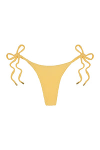 Yellow textured tie-side bikini bottom with ruched side ties and gold-tipped string ends, centered on white background.
