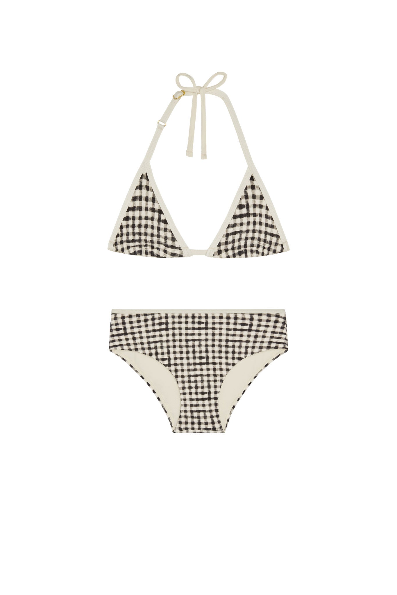 Cream and black gingham two-piece bikini; triangle halter top with tie and mid-rise briefs