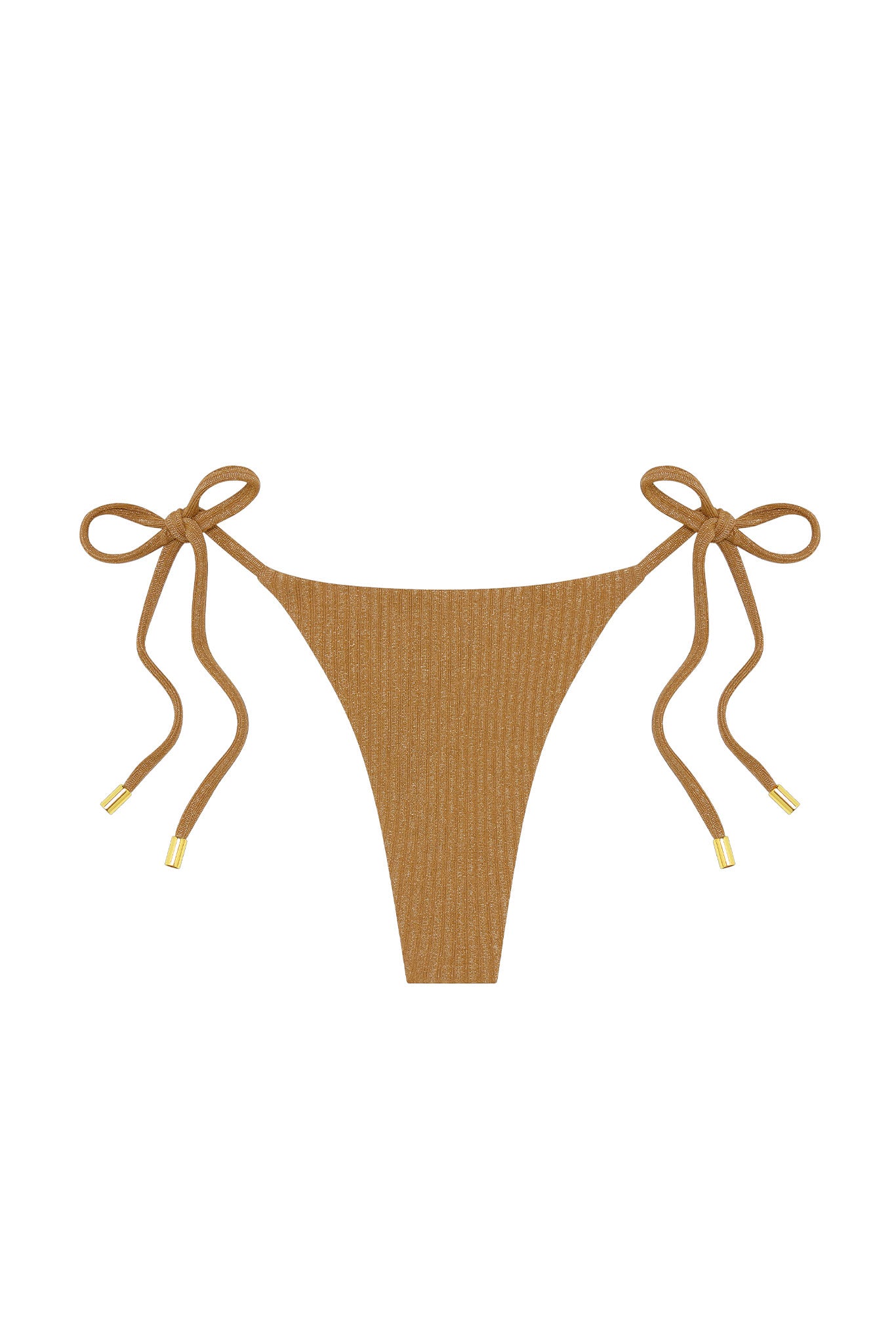 Ribbed tan tie-side bikini bottom with gold-tipped drawstrings, flat-lay on white background.