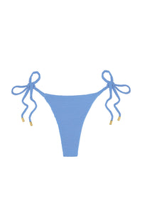 Front view of Palma Thong in Azure Crinkle showcasing textured crinkle fabric and tie-side ropes with gold-capped ends on white background