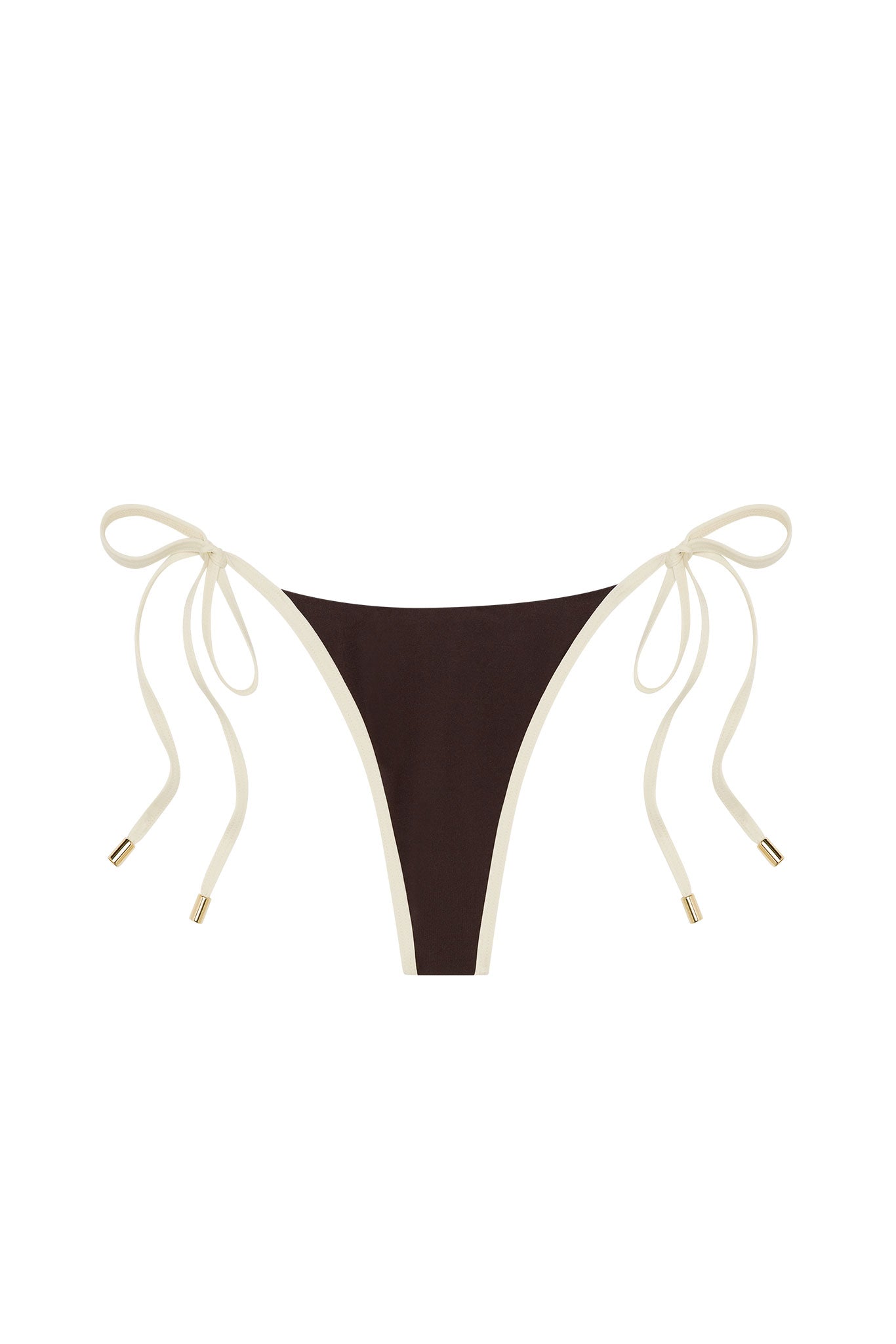 Brown triangle bikini bottom with cream tie-side straps and gold metal end caps