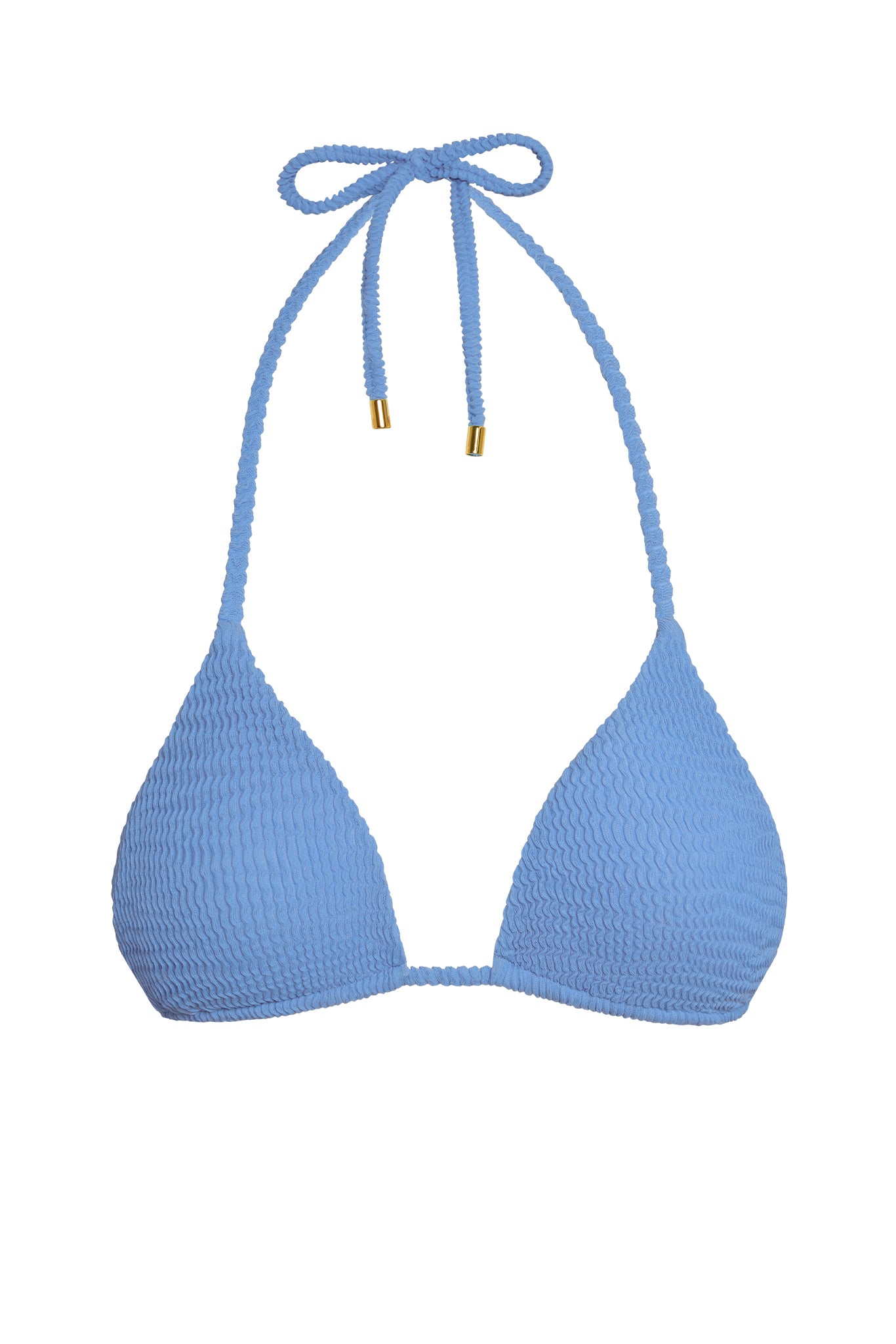 Blue smocked triangle bikini top with halter ties and gold-tipped ends, front view on white background.