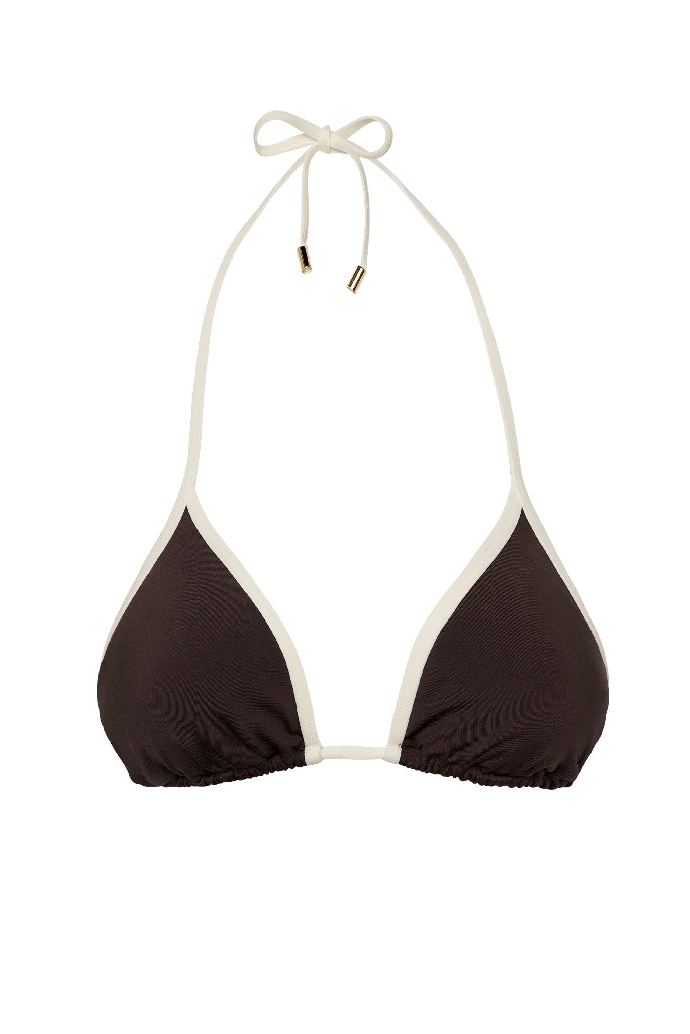 Brown triangle bikini top with cream trim and halter tie
