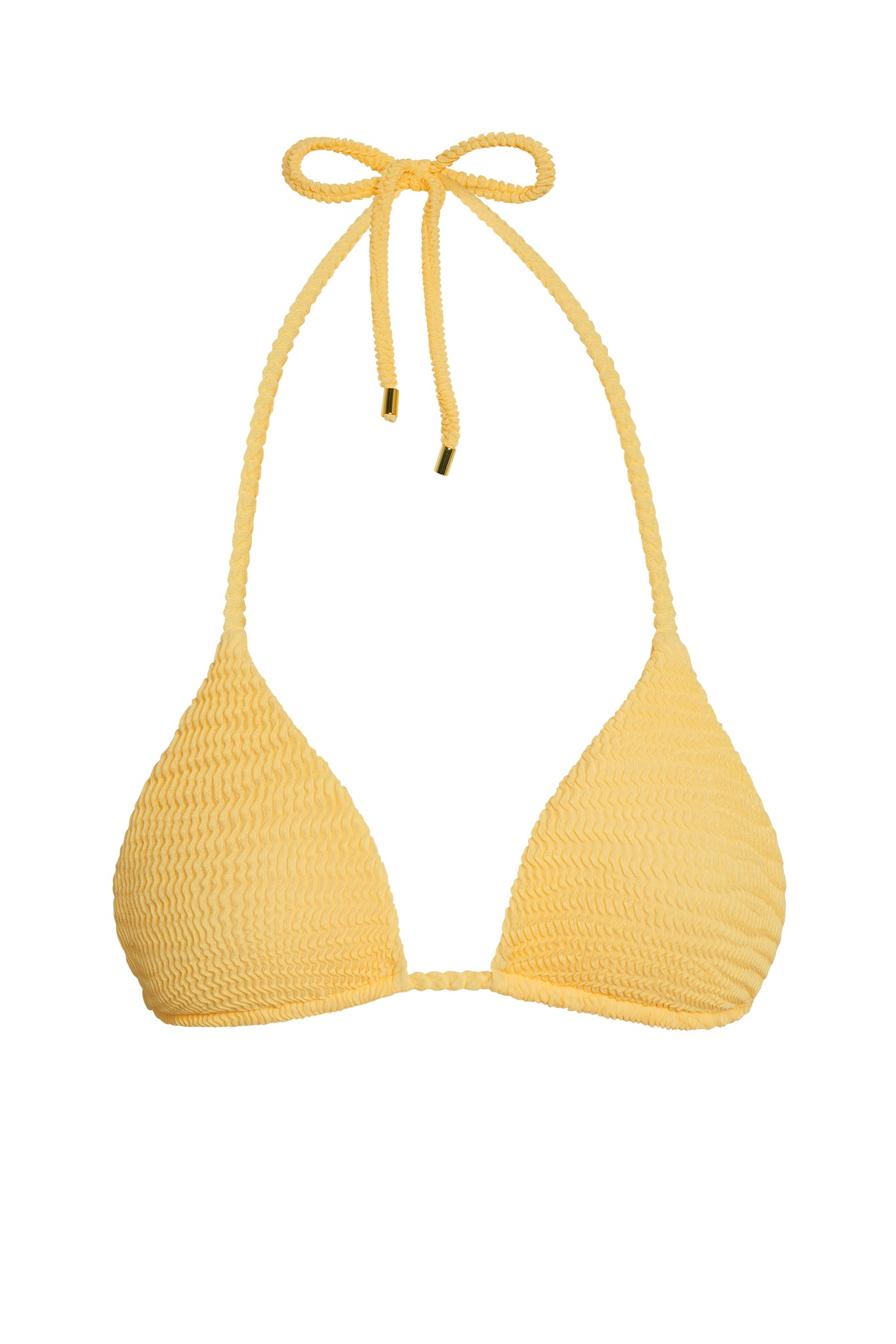 Yellow textured triangle bikini top with halter tie and gold-tipped cords