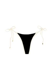 Front view of Palma Thong in Black and Ivory showcasing minimal coverage, ivory side ties and gold hardware