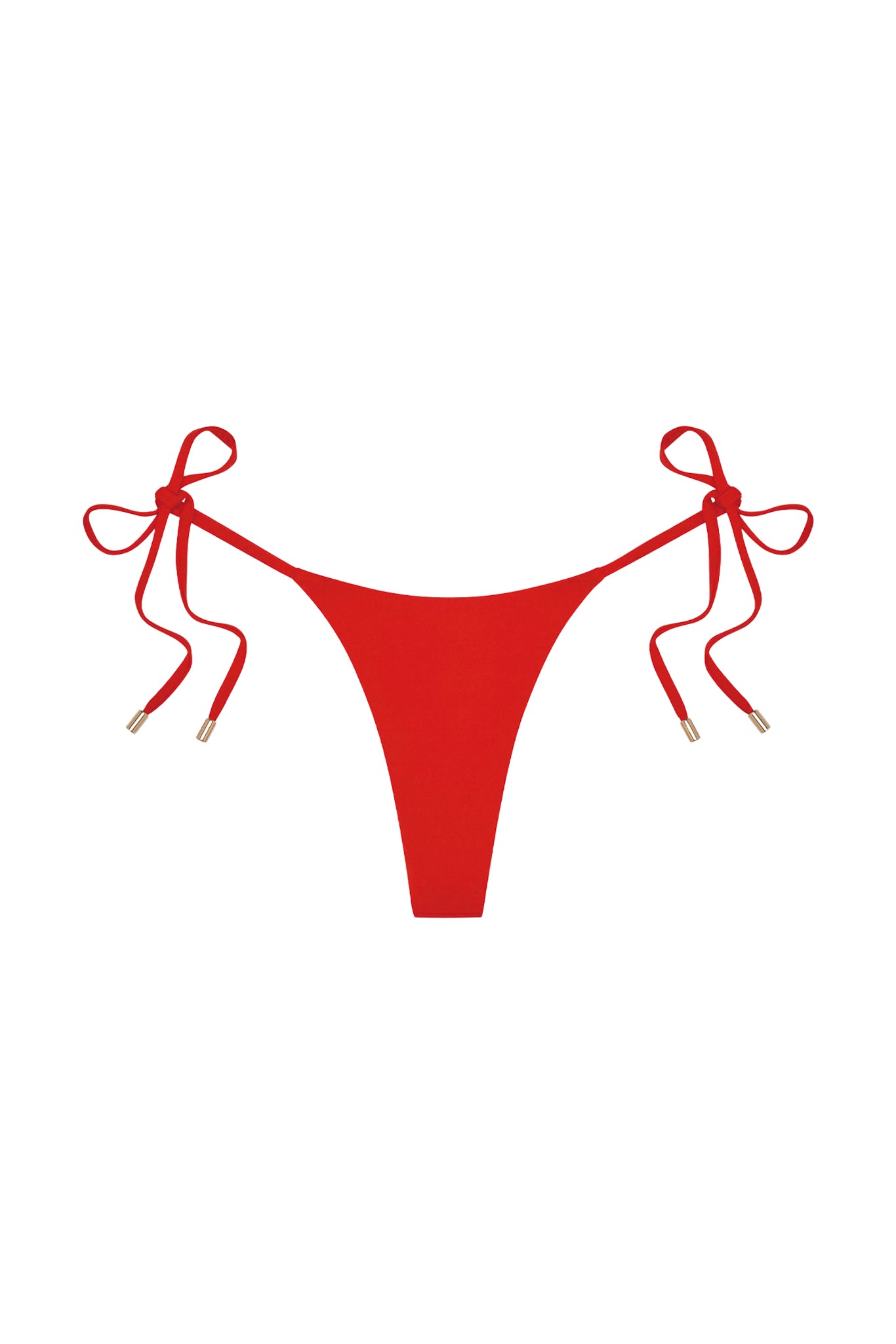 Flat lay Palma Thong in Chili Pepper showing thong cut, adjustable side ties with gold tips on white background