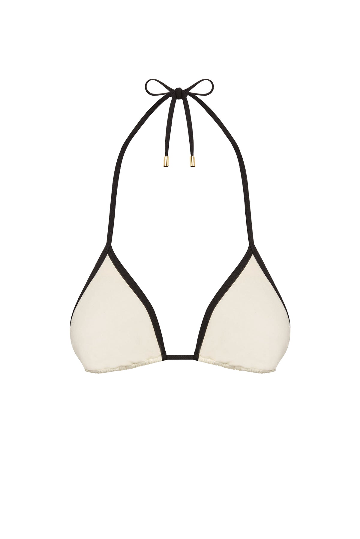 Front view of Palma Top in ivory and black showcasing triangle cups, contrast trim, halter ties, and gold hardware on white