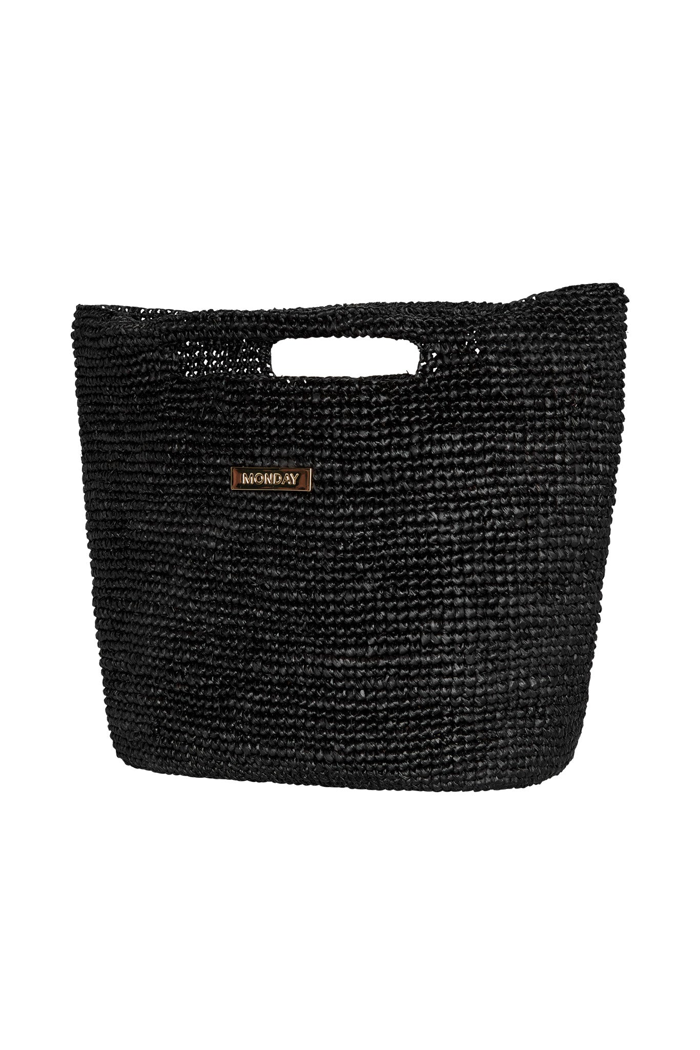 Black woven tote bag with cutout handle and small metal tag reading MONDAY.