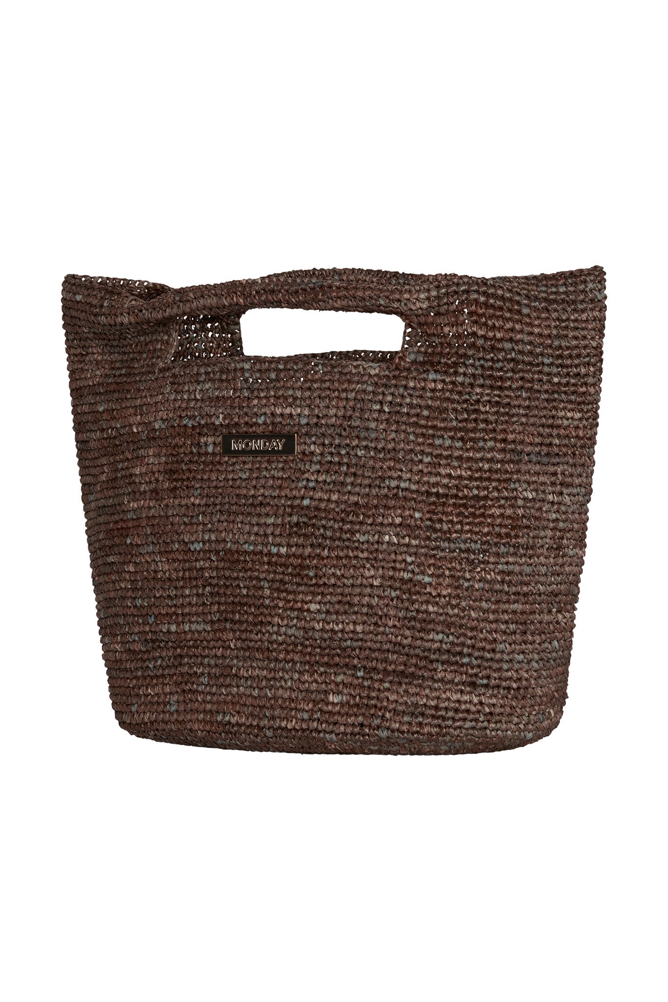 Brown woven tote bag with cutout handle and small metal label reading MONDAY
