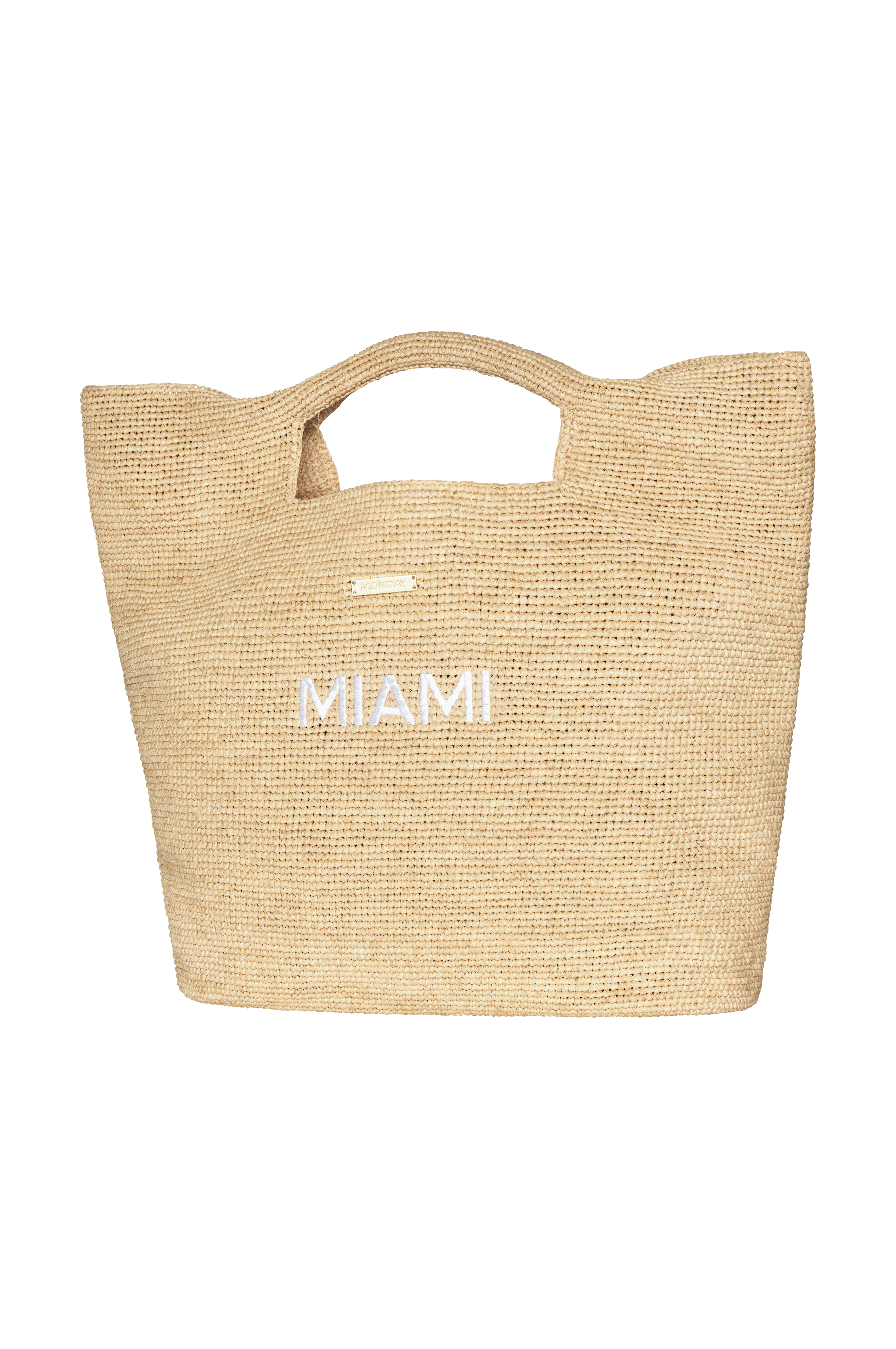 Beige woven straw tote with cutout handles and white embroidered text "MIAMI" centered on the front