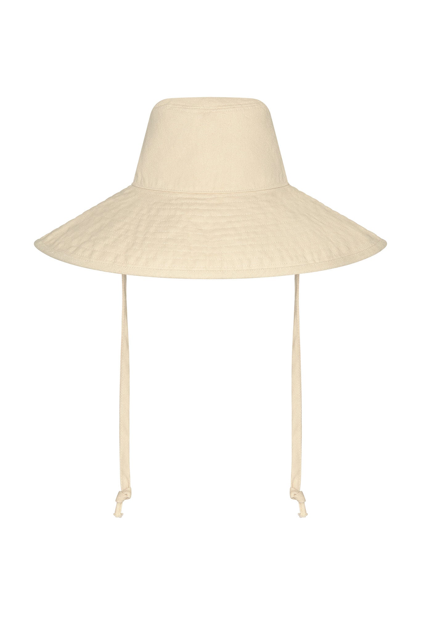 Beige wide-brim sun hat with tall crown, quilted brim and long chin straps