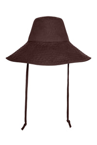 Front view of Panarea Hat in Espresso showcasing cotton canvas, wide floppy brim, and adjustable tie with a white background