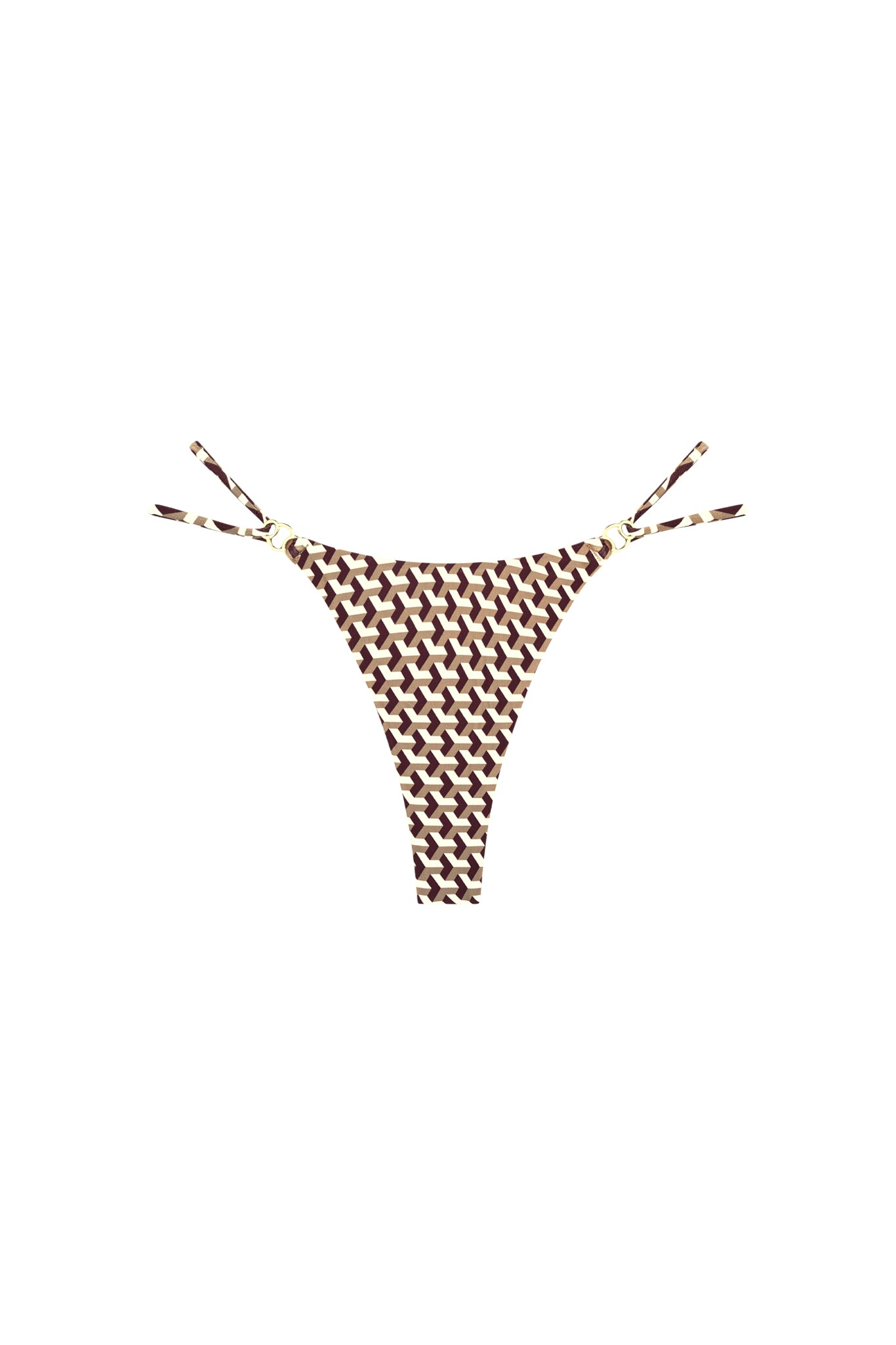 Front view of Petit Ermitage bottom in Husk Geo showing brown-and-white geometric print and thin side ties with gold rings on white background