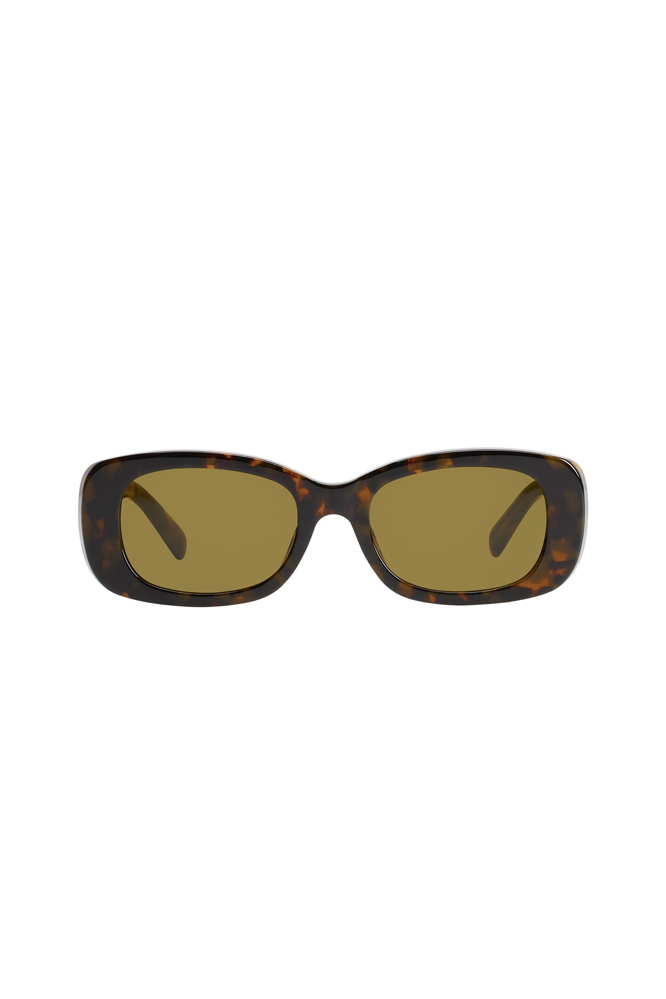 Tortoiseshell rectangular sunglasses with brown-tinted lenses centered on white background