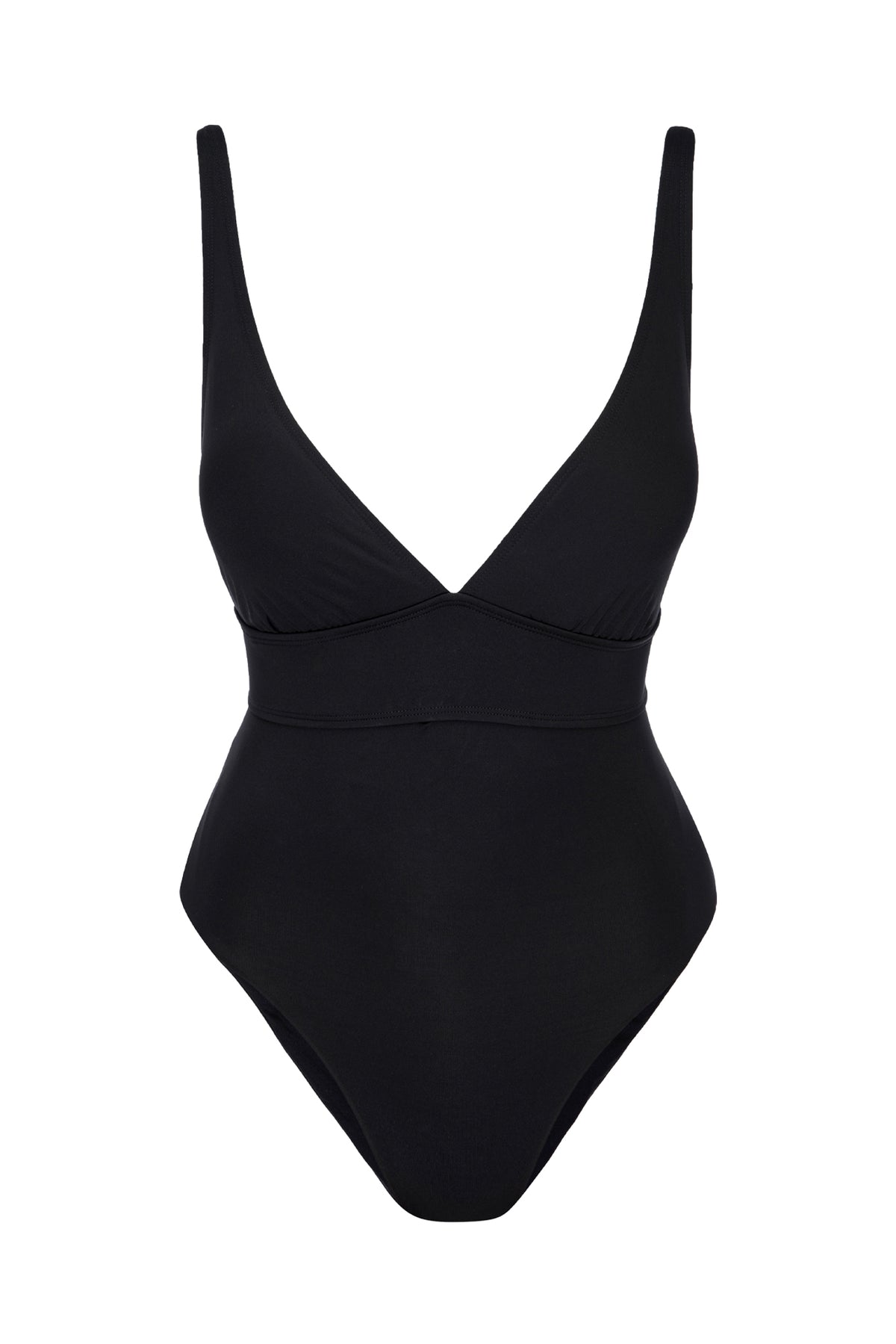 Front view of Portofino One Piece in black showcasing deep V neckline, supportive waist panel, and adjustable shoulder straps against a white background