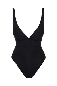 Front view of Portofino One Piece in black showcasing deep V neckline, supportive waist panel, and adjustable shoulder straps against a white background