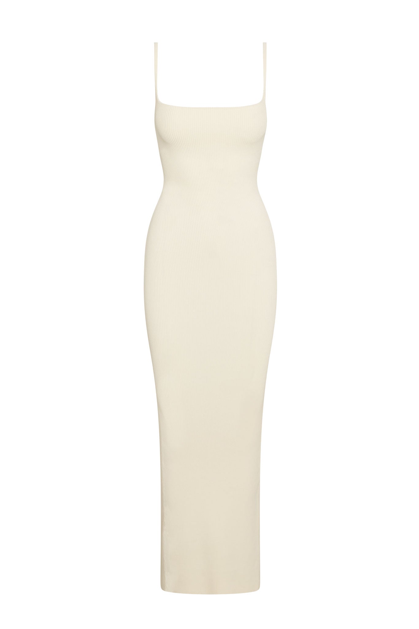 Cream ribbed sleeveless bodycon maxi dress with square neckline and thin straps