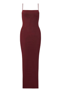 Front view of Provence Dress showcasing thin straps and fitted silhouette with deep burgundy mesh on a white background