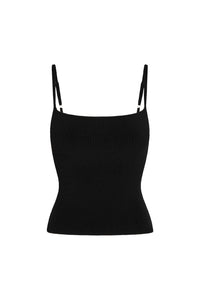 Front view of Provence Top in Black Knit Rib showcasing ribbed texture, square neckline, and thin adjustable straps against a white background