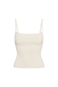 Front view of Provence Top in ivory knit rib showcasing square neckline and adjustable straps on white background