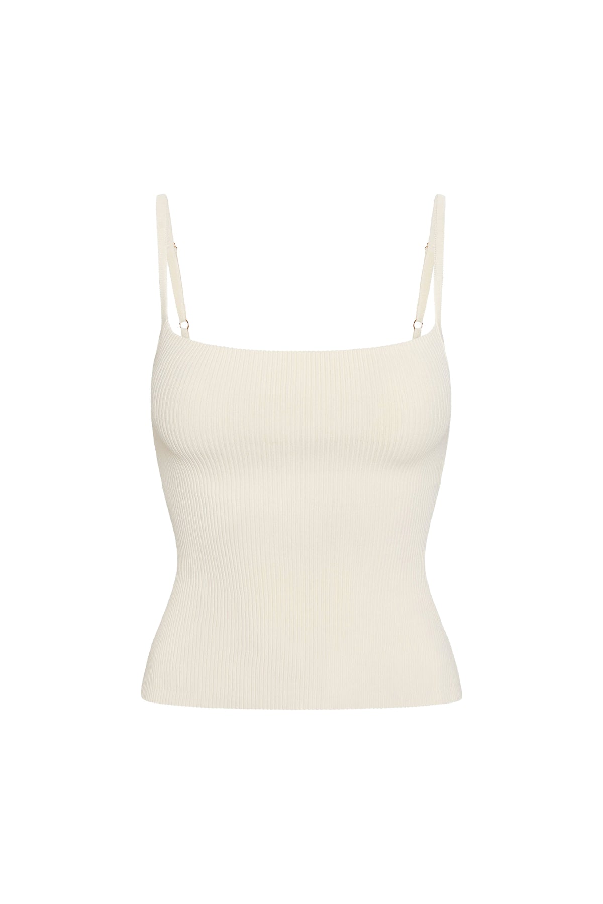 Front view of Provence Top in ivory knit rib showcasing square neckline and adjustable straps on white background
