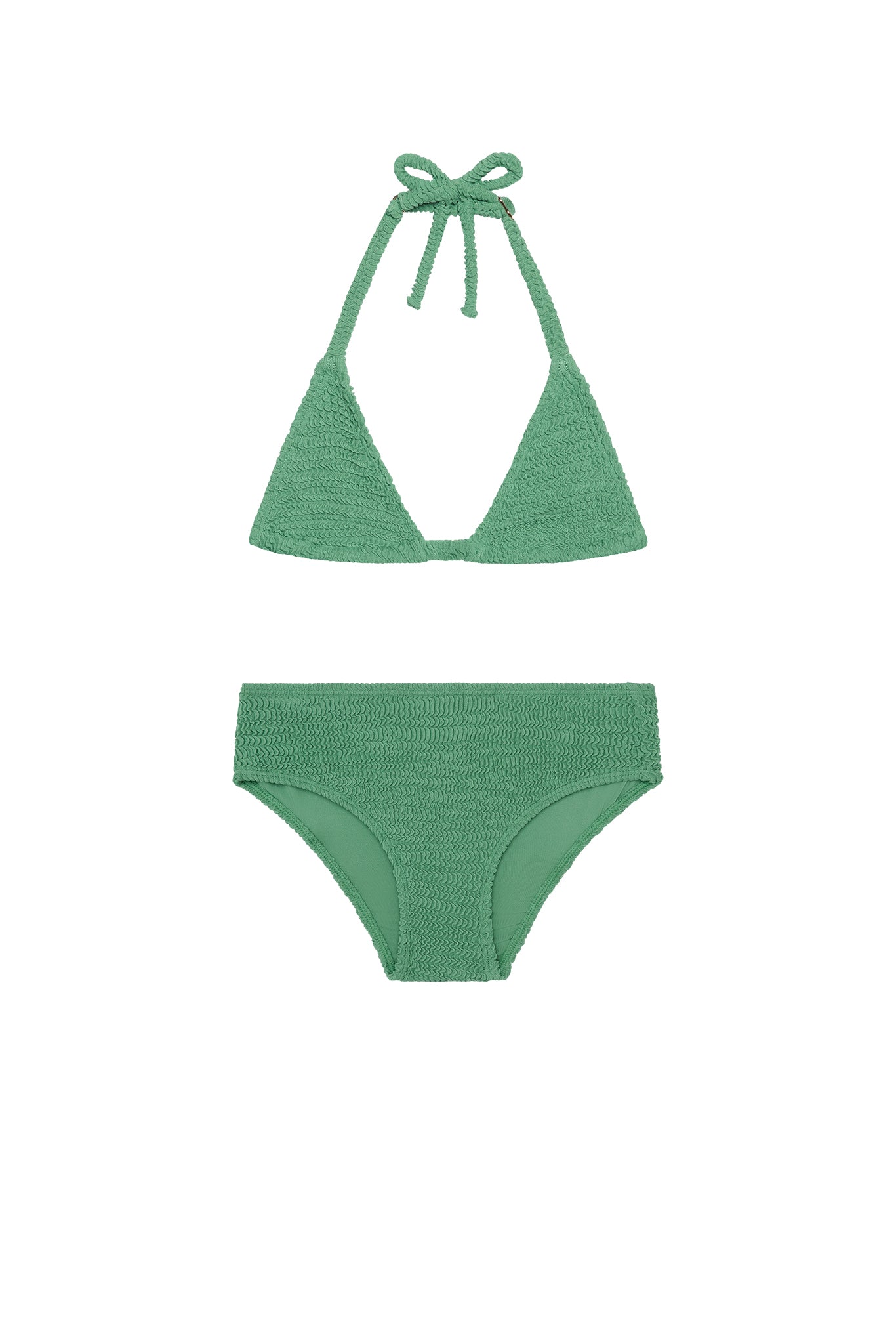 Textured green smocked triangle halter bikini top with tie and matching high‑waist bikini bottoms