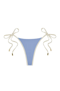 Light blue triangle bikini bottom with cream tie-side straps and gold metal end caps