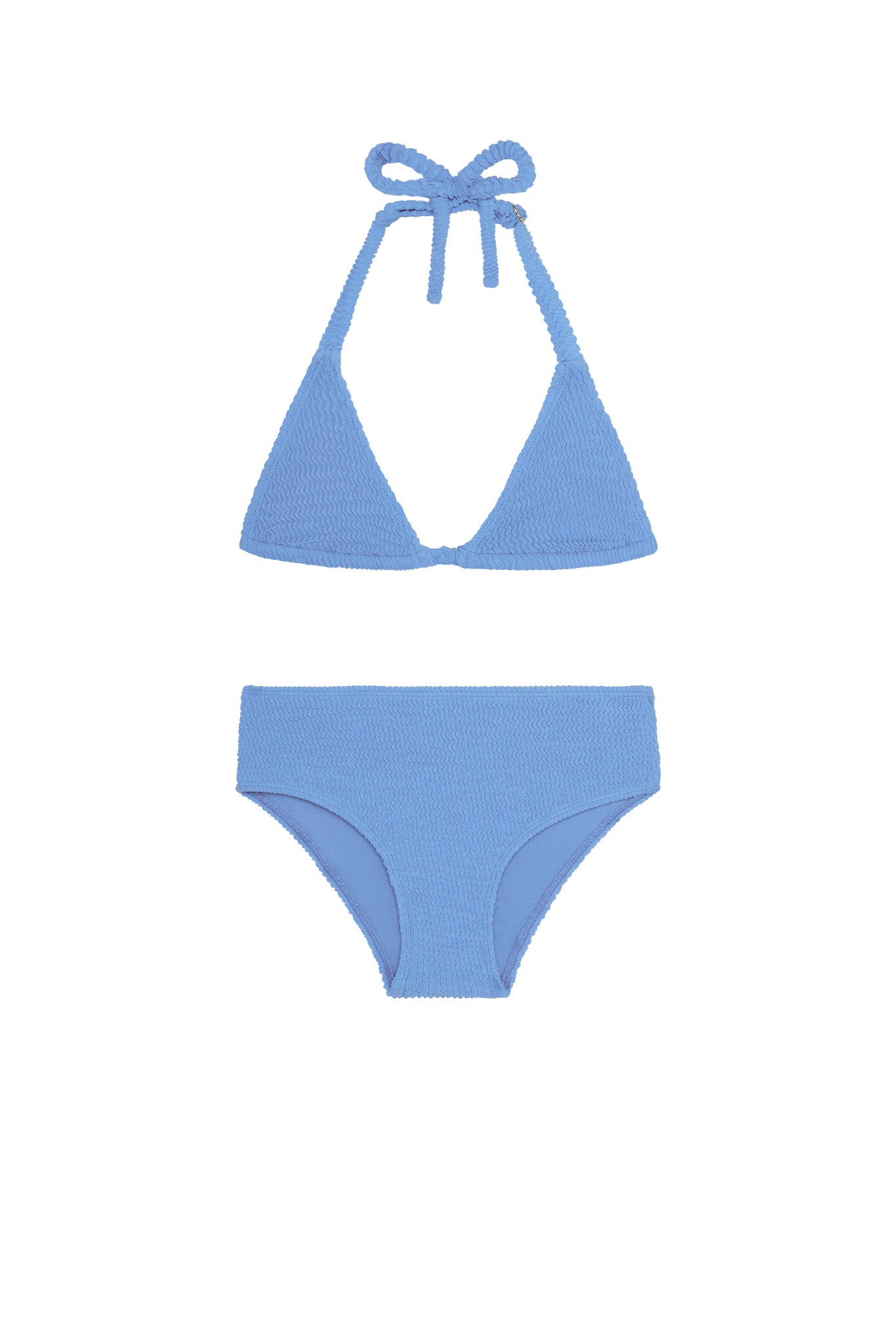 Blue textured two-piece bikini - halter triangle top with tie and high-rise brief bottoms on white background
