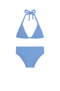 Flat lay of Palma Top & Seychelles Bottom Set in Azure Crinkle showing textured halter top and high-rise briefs on white