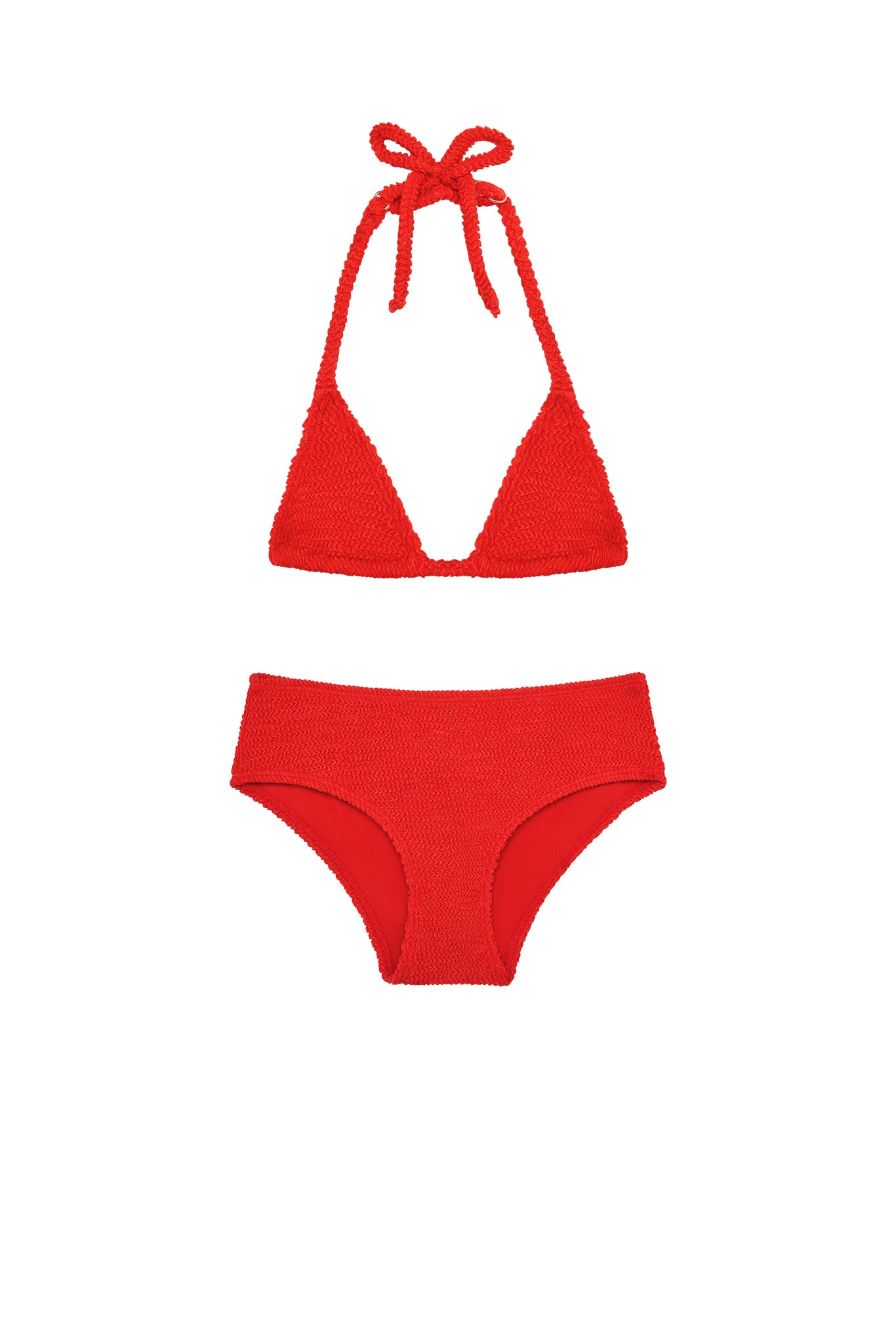 Red textured bikini set — triangle halter top with high-waist briefs