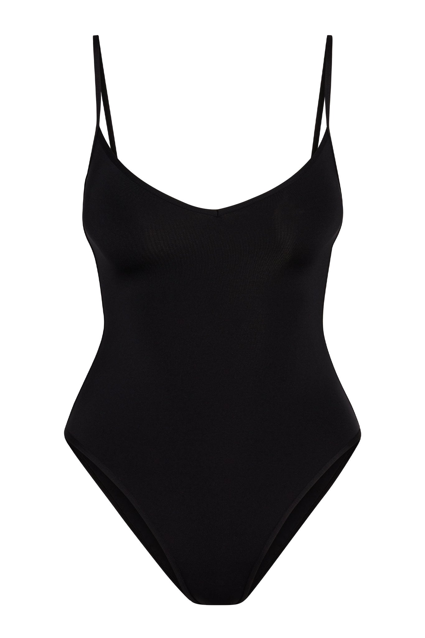 Black one-piece swimsuit with thin spaghetti straps, V-neckline and high-cut leg